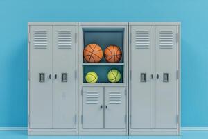 Simple locker storage with basketballs against a light blue background in a gym setting photo
