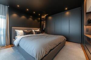 Modern bedroom design featuring a spacious layout and stylish decor in a contemporary home photo