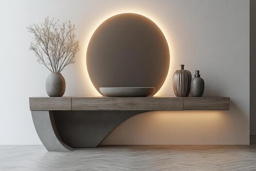 A contemporary console table is styled with a round mirror and two vases, set against a neutral wall photo