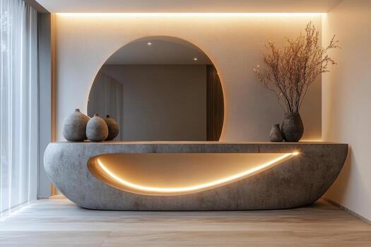 A contemporary console table is styled with a round mirror and two vases, set against a neutral wall photo