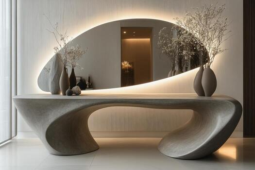 A contemporary console table is styled with a round mirror and two vases, set against a neutral wall photo