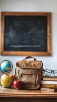 A rustic backpack sits on a desk beside an apple and a globe in a classroom setting photo