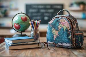 Colorful backpack with world map design sits on a wooden table beside globe and books in a classroom photo