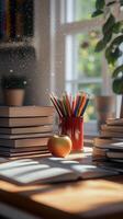 A cozy study corner featuring books, stationery, and a red apple next to the window on a rainy day photo