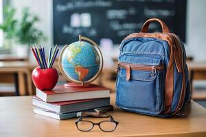 Colorful backpack with world map design sits on a wooden table beside globe and books in a classroom photo