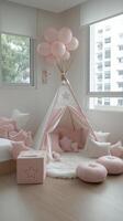 Cozy pink play area with teepee, cushions, and balloons in a modern room photo