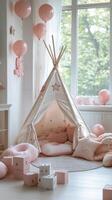 Cozy pink play area with teepee, cushions, and balloons in a modern room photo