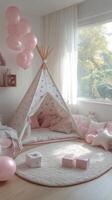 Cozy pink play area with teepee, cushions, and balloons in a modern room photo