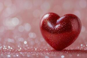 Shiny red glitter heart on a soft pink background with soft bokeh effects during daylight photo