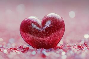 Shiny red glitter heart on a soft pink background with soft bokeh effects during daylight photo