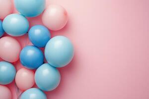 Brightly colored balloons cluster against a soft pink background, creating a playful atmosphere photo