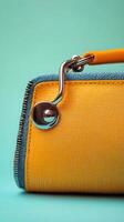 A close up view of a stylish yellow clutch purse with pleats and metallic clasp photo