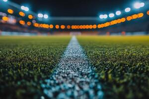 A close up view of a soccer field at night with vibrant stadium lights illuminating the grass photo