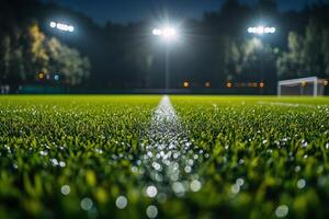 A close up view of a soccer field at night with vibrant stadium lights illuminating the grass photo