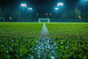 A close up view of a soccer field at night with vibrant stadium lights illuminating the grass photo