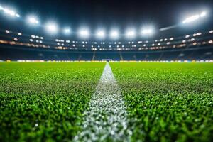 A close up view of a soccer field at night with vibrant stadium lights illuminating the grass photo