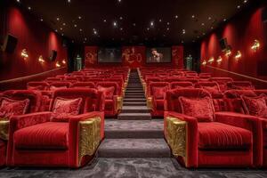 Luxurious red velvet theater seating for an optimal movie viewing experience photo