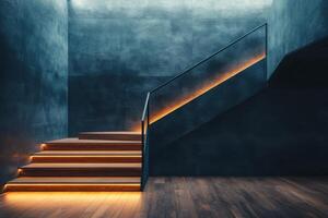 Modern staircase design with illuminated steps and dark textured wall in contemporary interior photo