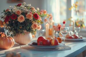 Beautiful autumn dinner setting with candles and floral centerpiece in warm evening light photo