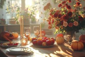 Beautiful autumn dinner setting with candles and floral centerpiece in warm evening light photo