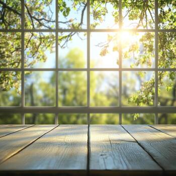 Sunlight streaming through a window with branches, illuminating a wooden table on a sunny day photo