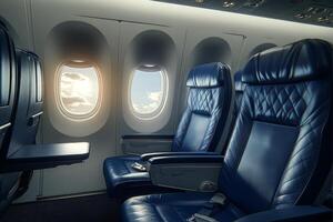 Empty airplane interior with comfortable blue seats and windows offering a view of the sky photo