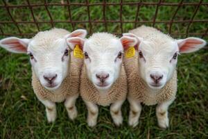 Three curious lambs lined up by a fence in a green pasture during daylight hours photo