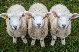 Three curious lambs lined up by a fence in a green pasture during daylight hours photo