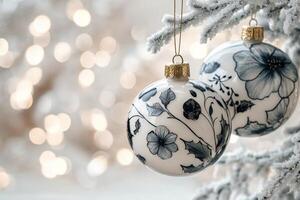 Elegant black and white ornaments on a snow covered tree with festive lights photo