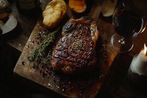 Grilled steak garnished with spices and herbs on a wooden cutting board in a rustic setting photo