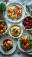 A vibrant family feast featuring assorted dishes served on a festive table photo