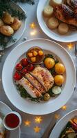 A vibrant family feast featuring assorted dishes served on a festive table photo