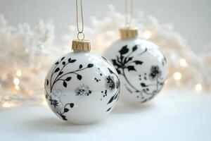 Elegant black and white ornaments on a snow covered tree with festive lights photo