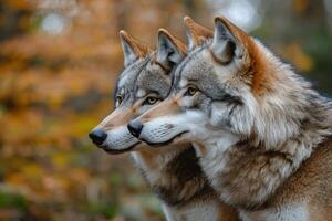 Two wolves closely nuzzling in the snow with autumn foliage in the background during daylight photo
