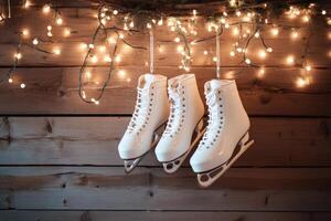 Decorative white ice skates hanging with warm fairy lights in a cozy indoor setting photo