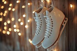 Decorative white ice skates hanging with warm fairy lights in a cozy indoor setting photo