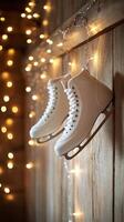 Elegant white ice skates hanging by twinkling lights in a cozy indoor setting during winter photo