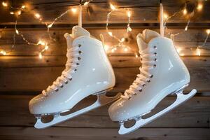 Decorative white ice skates hanging with warm fairy lights in a cozy indoor setting photo