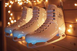Decorative white ice skates hanging with warm fairy lights in a cozy indoor setting photo