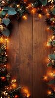 Rustic wooden background adorned with festive decorations and twinkling lights for the holidays photo