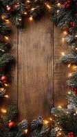 Rustic wooden background adorned with festive decorations and twinkling lights for the holidays photo