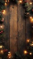 Rustic wooden background adorned with festive decorations and twinkling lights for the holidays photo