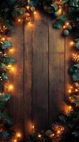 Rustic wooden background adorned with festive decorations and twinkling lights for the holidays photo
