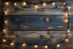 Decorative lights and pine branches on dark wooden surface during evening ambiance photo