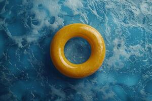 Yellow lifebuoy floating on vibrant blue water in a sunny outdoor swimming pool photo