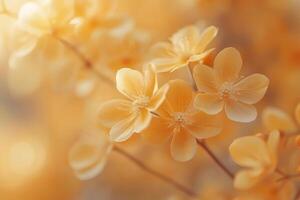 Soft bloom of mimosa flowers in pastel hues during golden hour by a serene meadow photo