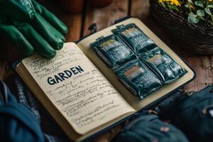 A garden journal rests on an open book surrounded by nature, showcasing gardening notes and tools photo