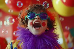 A joyous child dressed as a clown celebrates with colorful sunglasses at a festive event photo