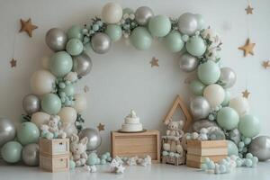 Elegant pastel balloon arch with decorative stars and floral accents for a special event photo