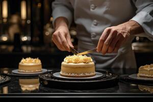 Pastry chef decorating a cake with intricate details in a luxury bakery setting during evening hours photo